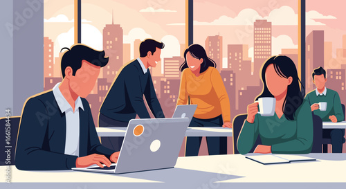 Diverse business professionals collaborating and working in a modern office with a city skyline view, representing teamwork and productivity.