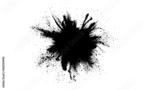 A dramatic burst of fine black powder exploding outward on a clean white background. Abstract ink-splash effect with scattered particles and dynamic energy.