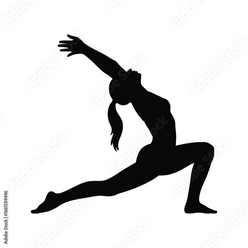 Silhouette illustration of person in Warrior I or Crescent Lunge yoga pose, symbolizing strength, flexibility, and mindful body movement