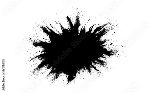 A dramatic burst of fine black powder exploding outward on a clean white background. Abstract ink-splash effect with scattered particles and dynamic energy.