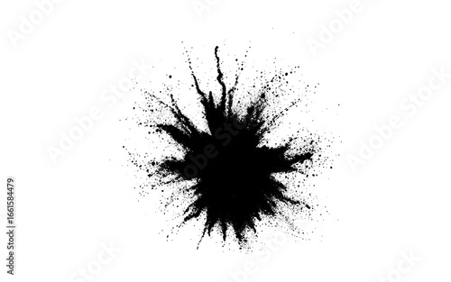A dramatic burst of fine black powder exploding outward on a clean white background. Abstract ink-splash effect with scattered particles and dynamic energy.