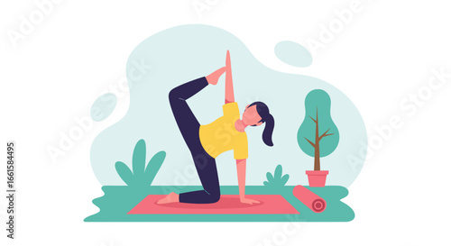 Woman practicing a challenging yoga pose outdoors on a mat, embodying flexibility, strength, and a healthy lifestyle. Ideal for wellness and fitness concepts.