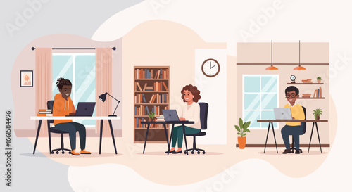 Diverse individuals happily working on laptops from their comfortable home offices, illustrating remote work, online education, and modern productivity.