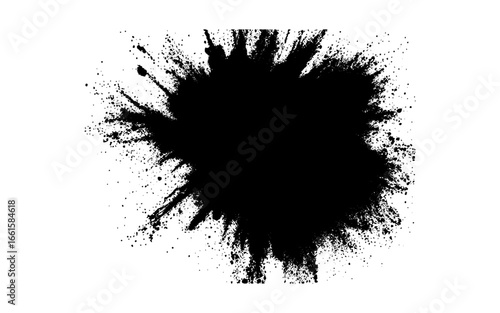 A dramatic burst of fine black powder exploding outward on a clean white background. Abstract ink-splash effect with scattered particles and dynamic energy.