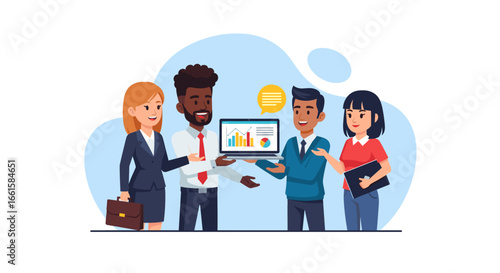 Diverse business team collaborating on data analysis, discussing charts and graphs on a laptop. Represents teamwork, strategy, and successful project management.