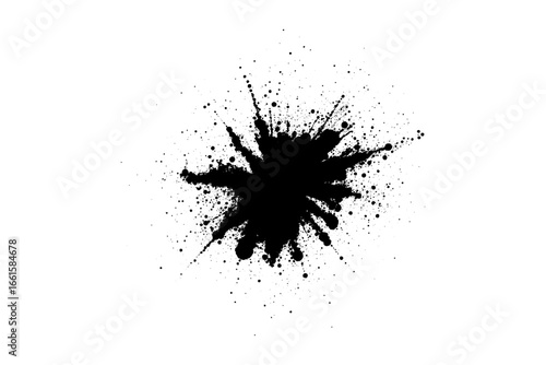 A dramatic burst of fine black powder exploding outward on a clean white background. Abstract ink-splash effect with scattered particles and dynamic energy.