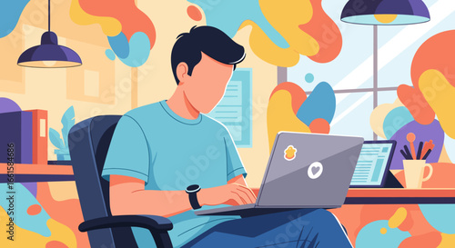 Modern professional working remotely on a laptop in a vibrant, creative home office setting. Represents productivity, flexible work, and contemporary lifestyle.