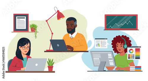 Diverse professionals collaborating remotely, utilizing technology for business, creative projects, and efficient workflow. Modern work environment with productivity focus.