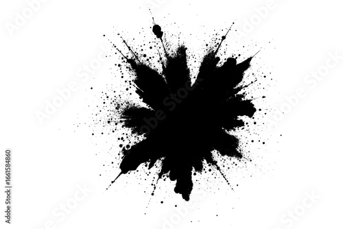 A dramatic burst of fine black powder exploding outward on a clean white background. Abstract ink-splash effect with scattered particles and dynamic energy.
