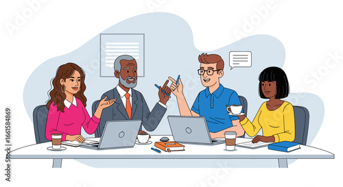Diverse business team collaborating and discussing ideas in a modern office meeting, representing teamwork, communication, and professional development.
