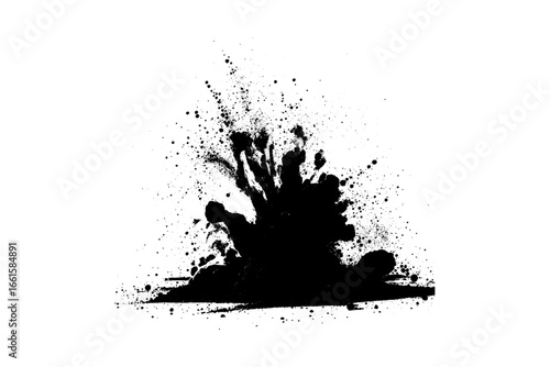 A dramatic burst of fine black powder exploding outward on a clean white background. Abstract ink-splash effect with scattered particles and dynamic energy.