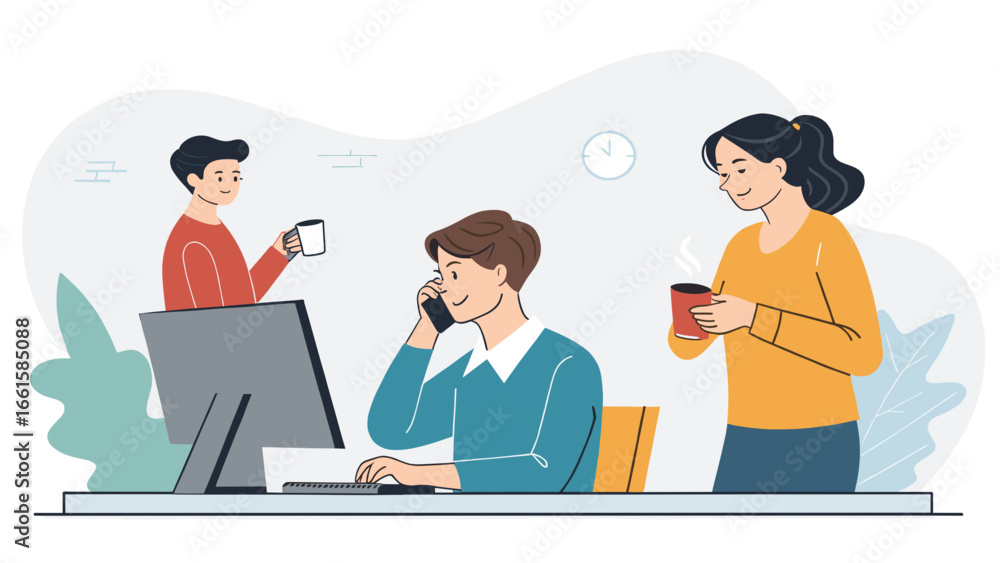 Fototapeta premium Diverse team collaborating and communicating in a modern office, showcasing productivity, calls, and coffee breaks in a dynamic workspace.