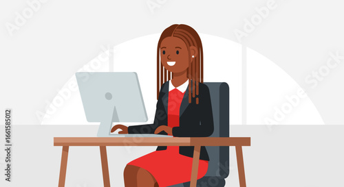 A smiling Black businesswoman efficiently works on her computer in a modern office, embodying productivity, digital connectivity, and professional success.