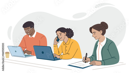 Diverse team collaborating in a modern office environment, utilizing laptops, making calls, and taking notes. Ideal for business, productivity, and teamwork concepts.