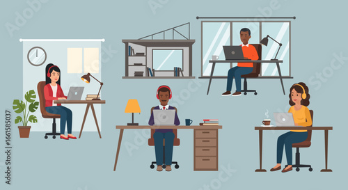 Diverse individuals engaged in remote work or online learning, demonstrating productivity and virtual collaboration from various home office settings. Ideal for business and lifestyle concepts.