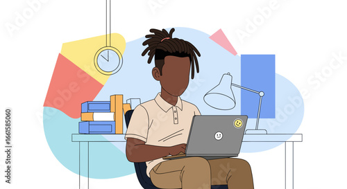 Illustrated person with dreadlocks focused on laptop at a modern home office desk. Perfect for remote work, online learning, productivity, and casual business themes.