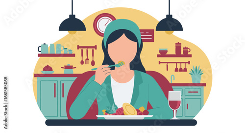 Woman enjoying a healthy meal with wine in a cozy kitchen setting. Depicts mindful eating and a relaxed lifestyle.