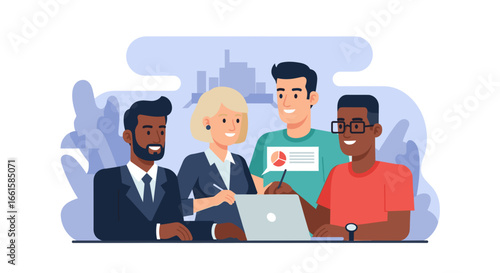 Diverse business team collaborating effectively on a project, using a laptop for data analysis and communication. Represents modern teamwork and successful innovation.