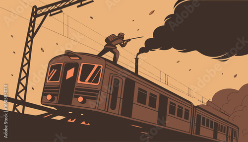 Epic South Indian action scene, hero fighting on top of a moving train, smoke and sparks everywhere, dramatic lighting, cinematic poster style, ultra realistic, 8k detail,        