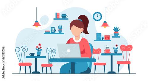 Woman working remotely on laptop in a cozy cafe. Depicts concepts of freelance work, digital nomad lifestyle, productivity, and modern business.