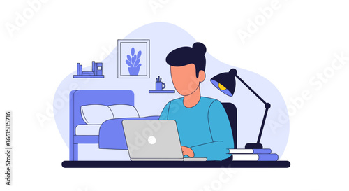 Person working productively on a laptop from a comfortable home bedroom setting. Illustrates remote work, online education, or flexible modern lifestyles.