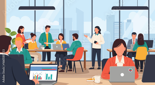 Professionals collaborate in a modern office, engaged in teamwork and strategic discussions. Ideal for business, corporate life, and productivity concepts.