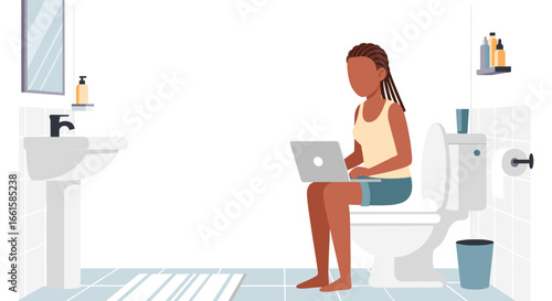 African American woman working on a laptop while sitting on a toilet in a modern bathroom. Represents remote work, multitasking, and informal productivity.