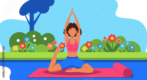Woman practicing yoga outdoors on a mat, finding peace and balance amidst colorful flowers. Ideal for health, wellness, and lifestyle content.