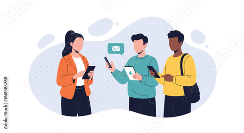 Diverse people connect using smartphones and a tablet, illustrating modern digital communication, social networking, and technology for business or lifestyle interaction.