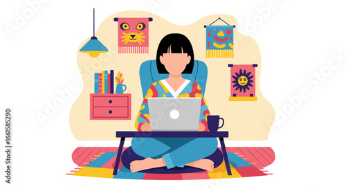 Woman using laptop for remote work or creative projects in a colorful, cozy home office. Represents modern lifestyle, productivity, and flexible work.