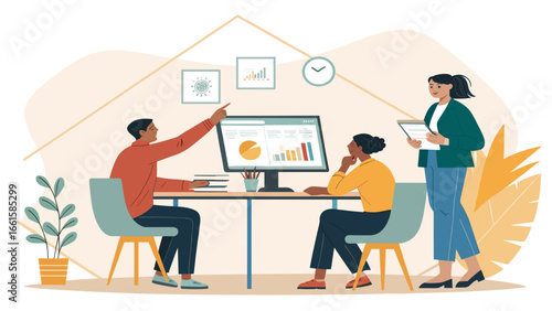 Diverse business team collaborating on data analysis in a modern office. Showcasing teamwork, strategy, and successful project management for corporate growth and innovation.