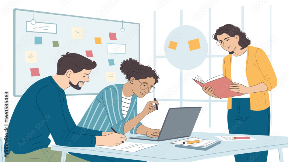 Diverse team collaborating in a modern office, engaged in a discussion, writing, and using technology. Ideal for business, education, and teamwork concepts. Diverse team collaborating in a modern office, engaged in a discussion, writing, and using technology. Ideal for business, education, and teamwork concepts.