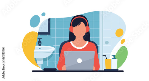 Woman working on laptop in a bathroom, wearing headphones. Depicts remote work challenges, privacy, and finding unconventional workspaces.