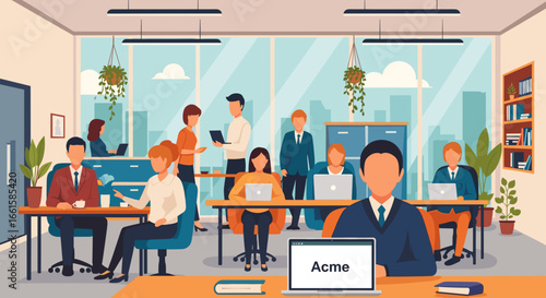 Diverse team working diligently in a modern open-plan office, fostering collaboration and productivity. Business professionals focused on tasks in a corporate environment.