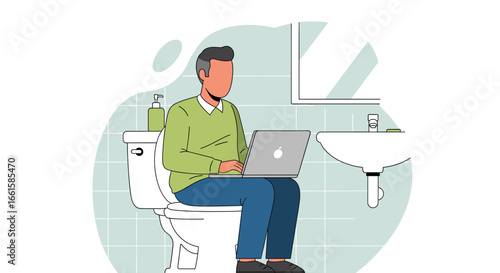 Man on toilet with laptop in bathroom. Illustrates remote work, multitasking, or blurred boundaries between personal and professional life.