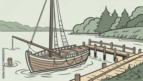 A sailboat docked at a pier on a calm body of water surrounded by trees and a grassy shoreline view