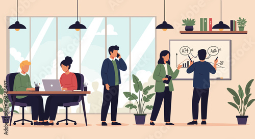 Productive business team collaborating in a bright modern office. Colleagues work on laptops, make calls, and present ideas on a whiteboard, showcasing teamwork and strategic planning.