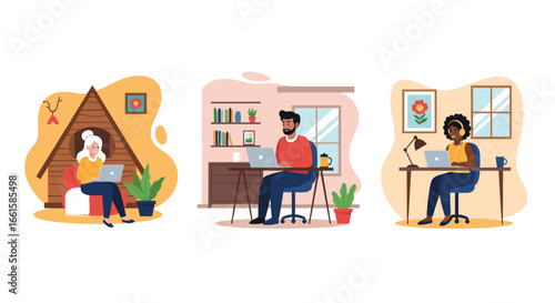 Diverse people comfortably working remotely from home, illustrating modern flexible work, freelancing, and digital nomad lifestyles. Focus on productivity and connectivity.