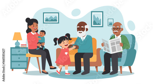 Happy multi-generational family enjoying a warm moment at home. Mother with baby, cheerful girl embracing grandfather, while another elder reads. Illustrates family bonds and domestic life.