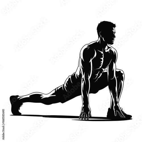 Black and white illustration of muscular person in deep lunge stretch pose, symbolizing strength, flexibility, and physical fitness training