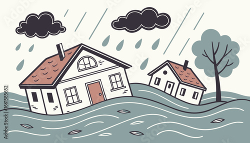 natural disaster concept. Houses under water, flooding. Dangers, difficulties and failures. Catastrophe and cataclysm, bad weather. Poster or banner for website. Cartoon flat vector illustration      