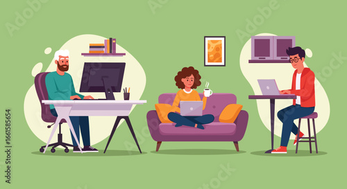 Diverse individuals working remotely from home, showcasing modern flexible work environments. Ideal for concepts of productivity, digital nomad lifestyle, and business freedom.