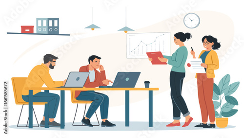 Professional team collaborating in a modern office, analyzing data and discussing strategy. Ideal for business, teamwork, and corporate productivity concepts.