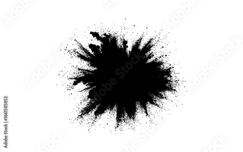 A dramatic burst of fine black powder exploding outward on a clean white background. Abstract ink-splash effect with scattered particles and dynamic energy.
