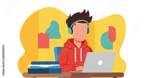 Focused young person wearing headphones, working on a laptop with books nearby. Ideal for concepts of online learning, remote education, study, and digital lifestyle.