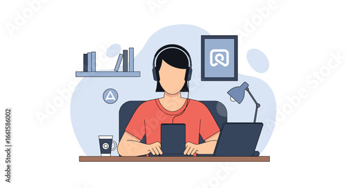 Focused person in headphones working on a laptop at a home office desk, symbolizing remote work, online learning, and a productive lifestyle.