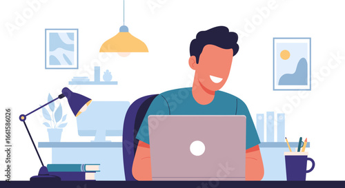 Smiling person productively working on a laptop in a comfortable home office setup, ideal for concepts of remote work, online learning, or freelancing.