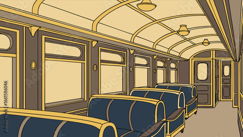Illustration of an interior train car with blue seats and gold trim and arched ceiling lights