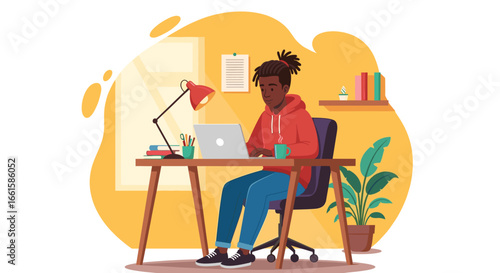 Young person with dreadlocks working on a laptop at a comfortable home office desk, representing remote work, online learning, or creative tasks. Productive and focused.