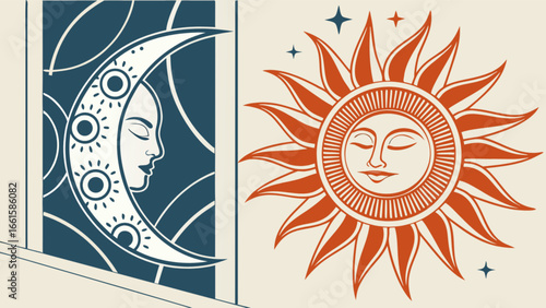 Illustration of a crescent moon with a face and a sun with a face and stars in a vintage style